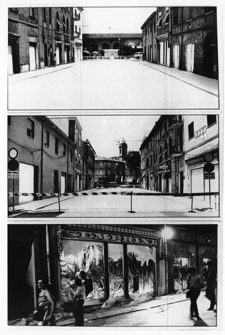 Trzy zdjęcia jedno pod drugim. Zdjęcie na górze przedstawia pustą ulicę między budynkami. Środkowe zdjęcie przedstawia szlaban i zakaz przejścia na ulicy. Zdjęcie na dole przedstawia poszarpaną witrynę sklepową. Na budynku widnieje napis "SEMPRINI".