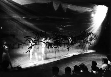 Grupa ledwo widocznych aktorów i aktorek stoi za przeźroczystą płachtą. Na płachcie widnieją nieczytelne napisy namalowane farbą. Na pierwszym planie sidzi zwrócona plecami do widza publiczność oglądająca aktorów.