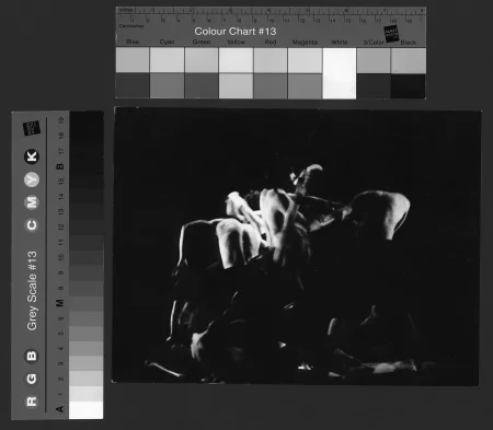 Grupa aktorów zwróconych do nas tyłem wykonuje ekspresyjne ruchy. Nie mają na sobie koszulek. Z przodu sceny stoi przedmiot przypominający laskę.