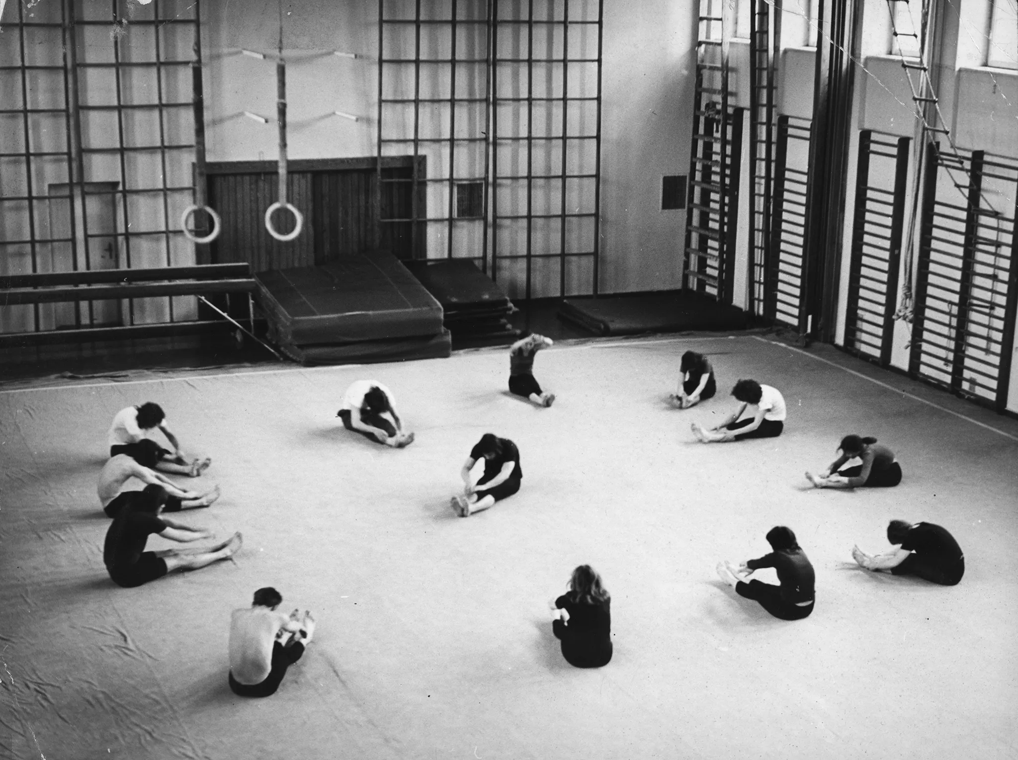 Grupa aktorów i aktorek na sali gimnastycznej. Przy ścianach stoją drabinki, z sufitu zwisają liny gimnastyczne. Aktorzy i aktorki siedzą na podłodze w okręgu. Są zgarbieni i mają wyprostowane nogi. Rozciągają się.