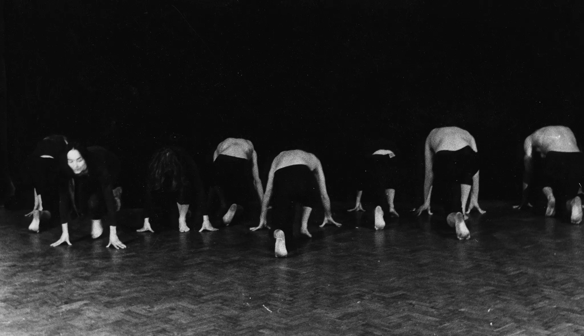 Grupa aktorów i aktorek wygląda, jakby przygotowywała się do biegu. Aktorki ubrane są całe na czarno. Aktorzy ubrani są w czarne spodenki i mają nagie torsy. Aktorzy zwróceni są w stronę widza plecami. Aktorki zwrócone są w stronę widza twarzami.
