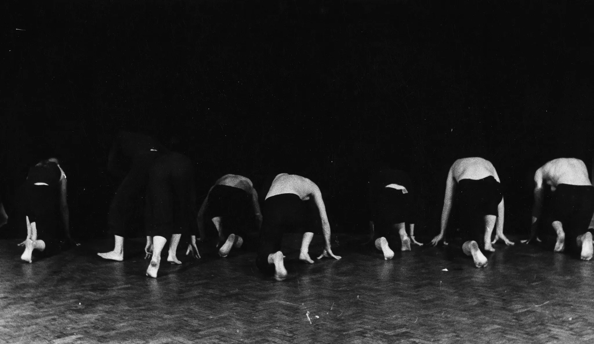 Grupa aktorów i aktorek zwróconych plecami w stronę widza. Wyglądają, jakby przygotowywali się do biegu. Aktorki ubrane są na czarno. Aktorzy ubrani są w czarne spodenki i mają nagie torsy. Wszyscy są boso.